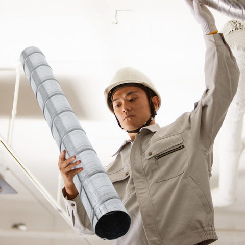 Worker installing Two Pack 4 Inch Round Spiral Air Ducts, 45 Inch Long Threaded Metal Ducts, Galvanized Steel Dryer Vent Hose