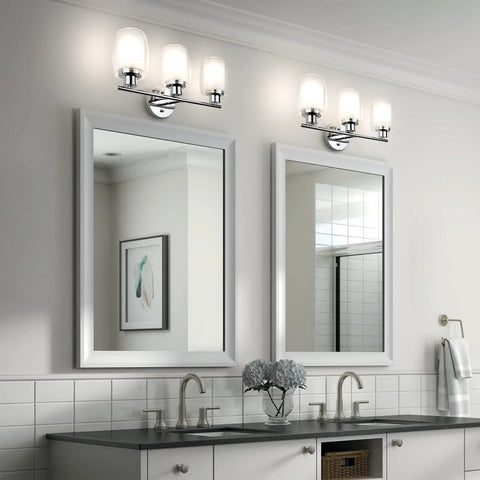Three Light Chrome Bathroom Vanity Fixture With Dope Double Layer Anti Glare Shade for Mirror in modern double bathroom setup