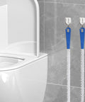 Extra Long Drain Cleaning Brush Two Pack for sinks and tubs, featuring blue grips and long flexible design for hair removal.