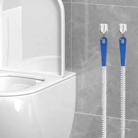 Extra Long Drain Cleaning Brush Two Pack for sinks and tubs, featuring blue grips and long flexible design for hair removal.