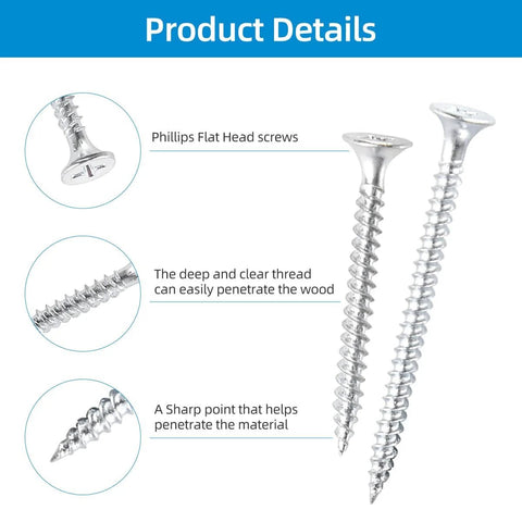 Detailed view of Drywall And Wood Screw Kit, 170 Piece Assortment Of Self Tapping Phillips Flat Head Screws, silver finish.