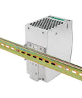 Workhorse 24V 5A DIN Rail Switching Power Supply 120W mounted on DIN rail, side view showing metal casing and mounting brackets