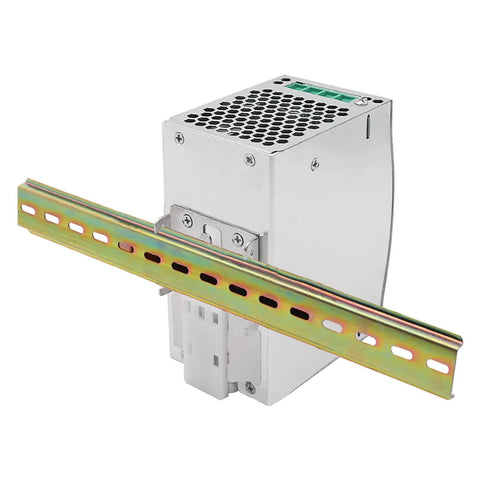 Workhorse 24V 5A DIN Rail Switching Power Supply 120W mounted on DIN rail, side view showing metal casing and mounting brackets