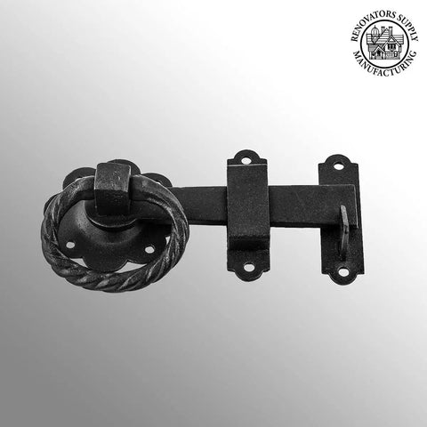 Black Wrought Iron Floral Ring Pull Gate Latch for Fence and Door with Mounting Hardware, dual direction opening, rust resistant