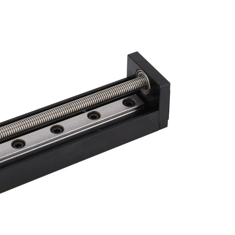 Heavy Duty Linear Stage Actuator With 200mm Stroke And T6x1 Lead Screw Stepper Motor Driven Rail Guide close-up view of lead screw and rail.
