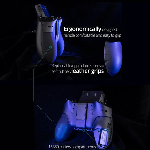 Ergonomic design of Dope Hall Handle FPV Remote Control for Drones 2.4GHz 16CH Transmitter with external modules and leather grips.