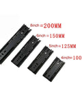Super Strong Steel Drawer Slides 5 6 8 Inch Options shown in black, including measurements and specifications for cabinets.