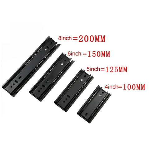 Super Strong Steel Drawer Slides 5 6 8 Inch Options shown in black, including measurements and specifications for cabinets.