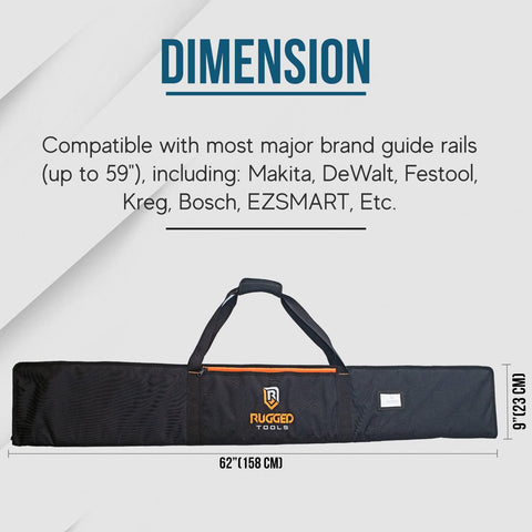 Beefy Heavy Duty Guide Rail Bag For Track Saw Guides Up To 59 Inches, made of Premium 600D Polyester, shown with dimensions.