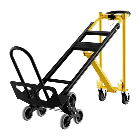 Hella Tough Aluminum Hand Truck And 3 In 1 Convertible Folding Dolly Cart With Stair Climbing Wheels, black and yellow with stair climber wheels.