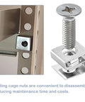 20 Pack Slip On Lock Nuts 10 32 Thread Zinc Plated Steel Furniture T Nuts For Cabinet Doors With Square Holes No Sweat Grip Tight Heavy Duty Hardware Kit showcasing a sliding cage nut and screw on cabinet side.