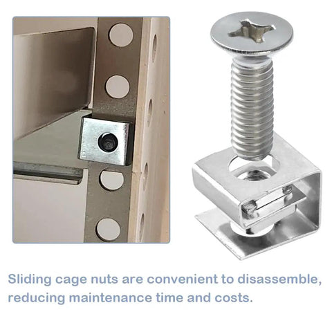 20 Pack Slip On Lock Nuts 10 32 Thread Zinc Plated Steel Furniture T Nuts For Cabinet Doors With Square Holes No Sweat Grip Tight Heavy Duty Hardware Kit showcasing a sliding cage nut and screw on cabinet side.