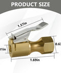 Heavy Duty Brass Locking Air Chuck With Leak Proof Gasket And Secure Grip Design For Fast Tire Inflation and Smooth Compressor Connection with dimensions shown.