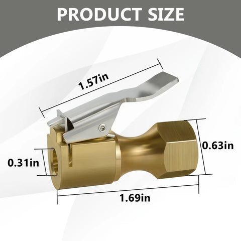 Heavy Duty Brass Locking Air Chuck With Leak Proof Gasket And Secure Grip Design For Fast Tire Inflation and Smooth Compressor Connection with dimensions shown.