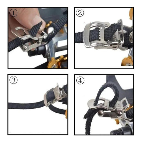 4 Pack Bike Pedal Toe Straps Universal Toe Clips With Clamp Lock For Outdoor Cycling Close-up of durable nylon straps with clamp mechanism