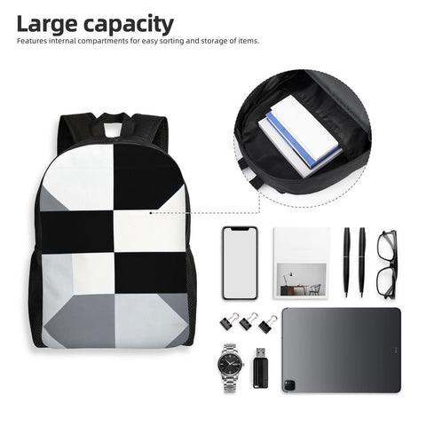 Clean Black And White Piano Grid Print Travel Backpack With Bold Front Art, Dope Laptop Daypack for daily use, large internal capacity.