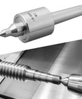 Close-up of MT2 lathe live center with MT2 taper and steel body, for high-speed turning.