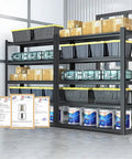 Five Tier Heavy Duty Metal Shelving Rack With Adjustable Layers For Garage And Basement Storage Holds Two Thousand Pounds, showing organized bins and boxes.