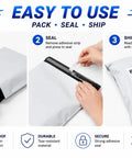 Heavy Duty 1000 Pack Poly Mailers 10x13 Inches Waterproof Self Seal Shipping Envelopes For Clothing And Soft Goods E Commerce Packaging And Small Business Supplies Durable White Bags showing pack, seal, and ship process.