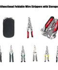 18 In 1 Foldable Wire Stripper Tool With Crimpers And Cutters, Pro Grade And DIY Ready, with storage pouch, red and multicolor.