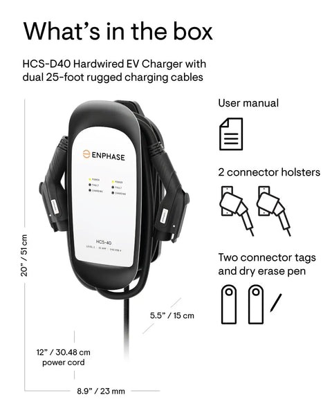 Diagram showing what's inside the box for Two Port Level 2 EV Charger For Home Use 32 Amp 240V Hardwired Station With 25 Ft J1772 Cables Lets You Charge Two US EVs At Once Safety Certified Durable Commercial Grade No Electrical Upgrades Needed No Fuss. Includes dual charging cables, user manual, and accessories.