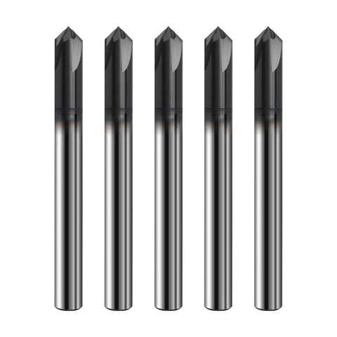 Five Pack One Quarter Inch Solid Carbide End Mills With AlTiN Coating, Four Flute Chamfer End Mills For Steel, Ninety Degree Chamfer