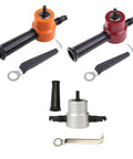 Double Head Sheet Metal Nibbler Saw Cutter With 360 Degree Adjustable Drill Attachment, three colors, tools displayed.
