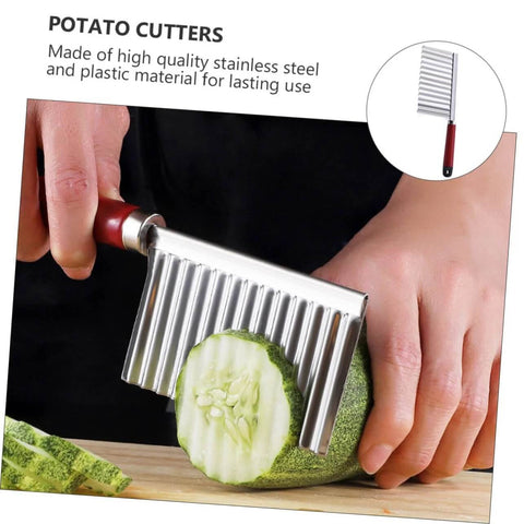 Front view of SHOWERORO 2-piece wavy stainless steel potato cutters with red ergonomic handles slicing a cucumber.