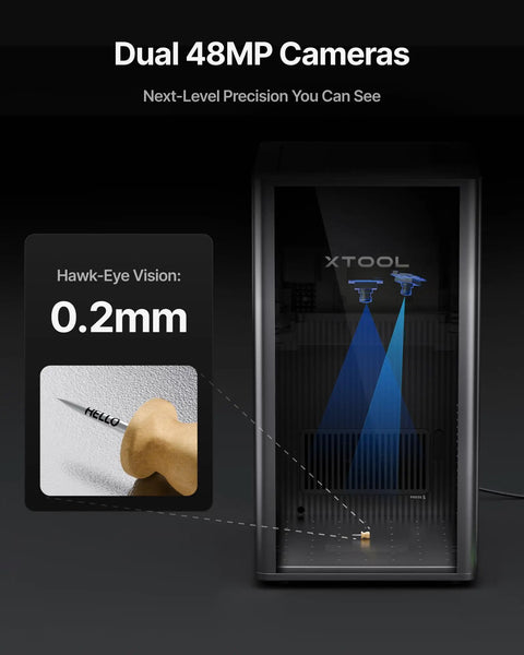 Dual 48MP camera display on F2 Ultra 60W MOPA Fiber Laser Engraver for metal engraving and color marking, precision focus 0.2mm.