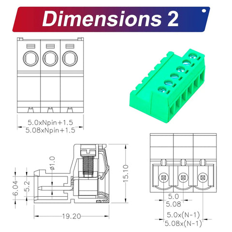 Diagram of Two Sets 5.08mm Phoenix Screw Terminal Connector Set For PCB No Soldering Required, showing dimensions and side view.