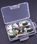 Plastic storage case containing five ELEGOO 5V 28BYJ-48 stepper motors with ULN2003 driver boards and rainbow ribbon cables.