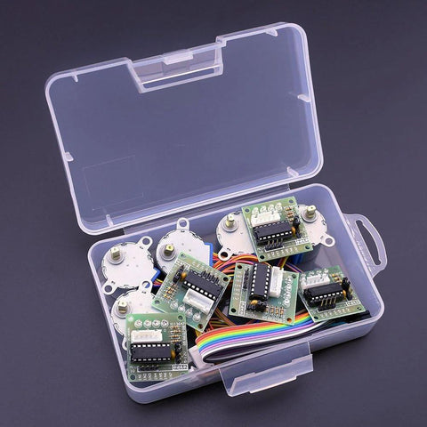 Plastic storage case containing five ELEGOO 5V 28BYJ-48 stepper motors with ULN2003 driver boards and rainbow ribbon cables.