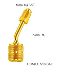 Gold tone 45° angled ball valve with 1/4 inch male and 5/16 inch female SAE fittings from 7 Piece DIY Friendly Air Conditioning Refrigerant Valve And Adapter Kit For HVAC R410A R134A R12 R22 1/4 Inch Fittings 45 Degree Angled Ball Valves And 5/16 Inch Adapters In Gold Tone With Deeply Knurled Nuts For Easy Finger Tightening.