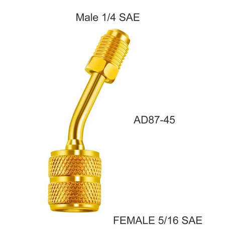 Gold tone 45° angled ball valve with 1/4 inch male and 5/16 inch female SAE fittings from 7 Piece DIY Friendly Air Conditioning Refrigerant Valve And Adapter Kit For HVAC R410A R134A R12 R22 1/4 Inch Fittings 45 Degree Angled Ball Valves And 5/16 Inch Adapters In Gold Tone With Deeply Knurled Nuts For Easy Finger Tightening.