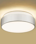 12 Inch Flush Mount Ceiling Light Fixture With Frosted Glass Shade In Brushed Nickel Finish, illuminated on beige ceiling
