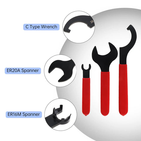 Pro Grade Coilover Spanner Wrench Set With Roll Up Pouch Includes ER16M ER20A 38 to 42 APU16 ER32 ER40 Collet Chuck Wrenches High Carbon Steel Built Tough For Quick Adjustments featuring ER16M, ER20A, ER40 wrenches with red handles
