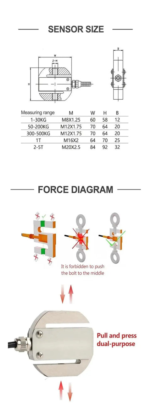 Circular S-Type Tension And Pressure Sensor For Industrial Weighing Systems, Press Machines, Hoisting Equipment, And Railway Signal Control, 5KG Capacity, Heavy-Duty Rugged Industrial Grade Sensor dimensions and force diagram with dual-purpose pull and press functions.