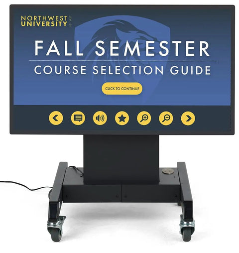 Built Tough 43 Inch Touchscreen Digital Signage Stand With Smooth Motorized Lift And Tilt Crisp Full HD 1080P Workhorse Mobile Kiosk For Retail Professionals displaying a course selection guide.