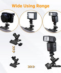 Heavy Duty Camera Mount Clip With 360 Degree Ball Head shown with camera, light, flash attachments, black spring clamp for flexible angles