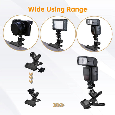Heavy Duty Camera Mount Clip With 360 Degree Ball Head shown with camera, light, flash attachments, black spring clamp for flexible angles