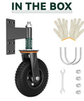 Tough As Nails Eight Inch Gate Wheels With Spring Suspension, heavy duty swivel roller and accessories, gloves and tools included.
