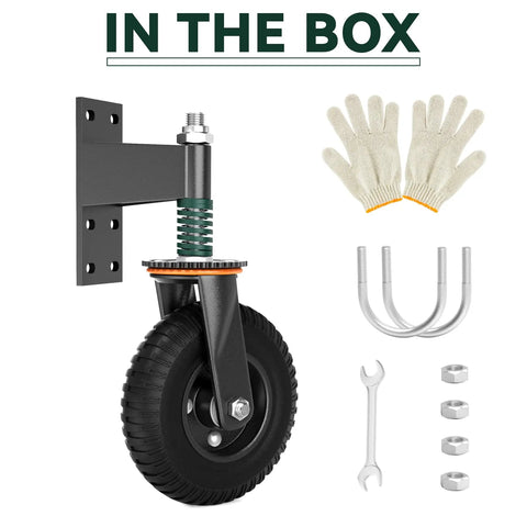 Tough As Nails Eight Inch Gate Wheels With Spring Suspension, heavy duty swivel roller and accessories, gloves and tools included.
