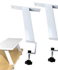 Grab These Rock Solid 2 Pack Desk Clamp Brackets For Heavy Duty Floating Table Support, Legit Carbon Steel Monitor Riser Shelf image with two clamp brackets.