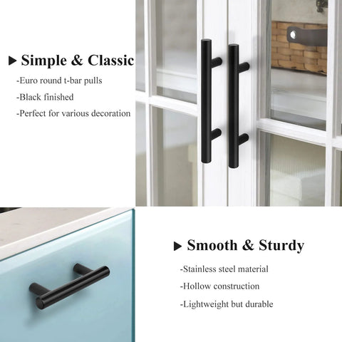 10 Pack 256mm Center To Center Black Bar Cabinet Pulls Modern T Bar Handles for kitchen and dresser, installed view on doors