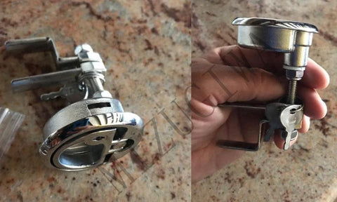 Mizugiwa stainless steel marine flush hatch lift, locking style, 2-pack; front and installed views.