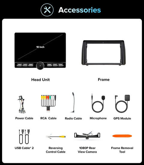 Accessories for 10 Inch QLED Car Stereo For Dodge Grand Caravan And Chrysler Town And Country, including cables and camera.