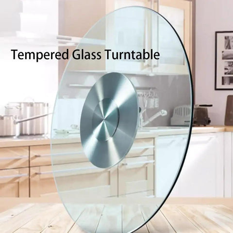 Top Shelf Heavy Duty Tempered Glass Lazy Susan Turntable in kitchen, clear design showing smooth rotation feature.