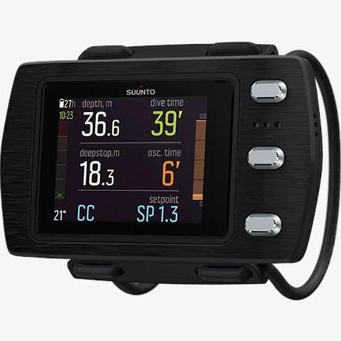 EON Steel Black Dive Computer With Ultra Durable Build, displaying dive data, customizable screen, rechargeable battery up to 40 hours