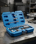 29 Piece Heavy Duty Through Hole Ratchet Socket Set Metric 12 Point Tool Kit Featuring Slick Rolling 72 Tooth Mechanism built into a blue carrying case.