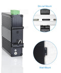 Rugged Industrial Six Port Gigabit Ethernet Switch With 90 To 250V AC Input, DIN rail and wall mount options shown